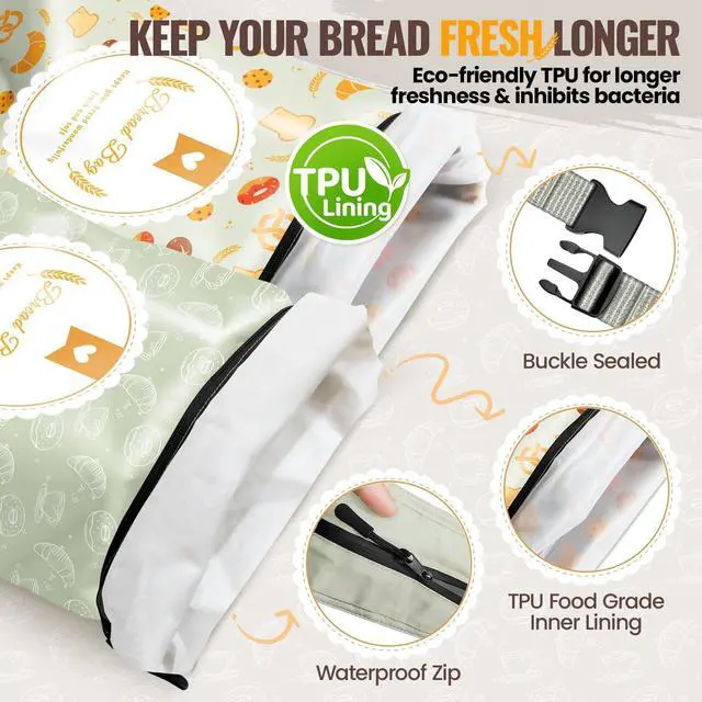 Alt view image 3 of 7 - 2 Pack Bread Bags for Homemade Bread, 17"×13" Reusable Bread Bag for Fresh Keeping with Lining & Zipper, Freezer Safe & BPA Free, Gift Giving (Green & Yellow)