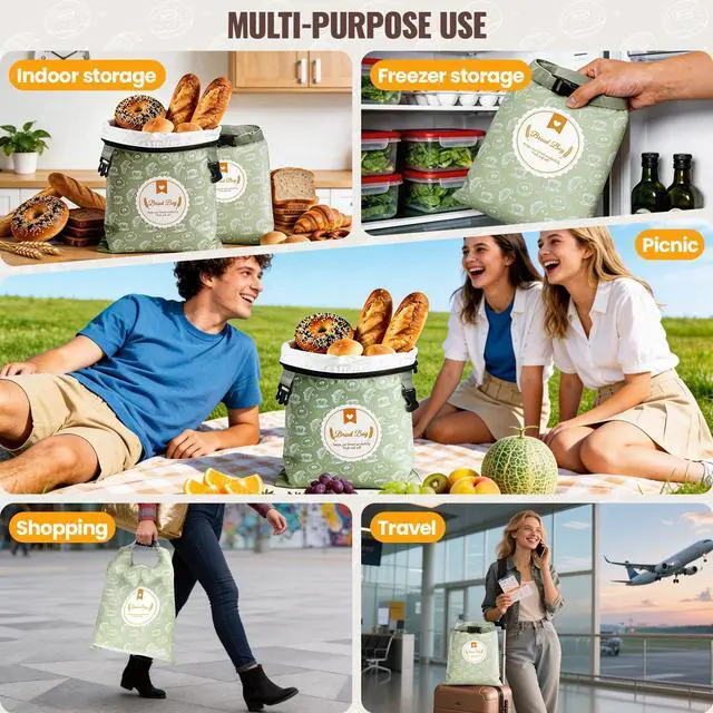 Alt view image 7 of 7 - 2 Pack Bread Bags for Homemade Bread, 17"×13" Reusable Bread Bag for Fresh Keeping with Lining & Zipper, Freezer Safe & BPA Free, Gift Giving (Green & Yellow)