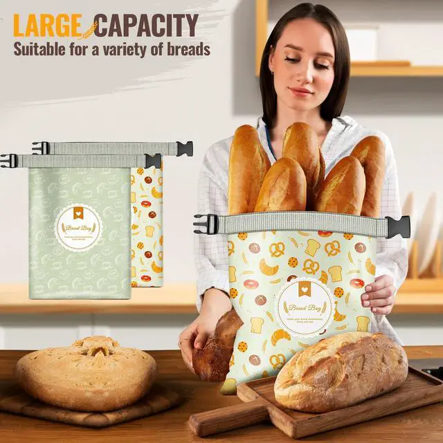 Alt view image 5 of 7 - 2 Pack Bread Bags for Homemade Bread, 17"×13" Reusable Bread Bag for Fresh Keeping with Lining & Zipper, Freezer Safe & BPA Free, Gift Giving (Green & Yellow)