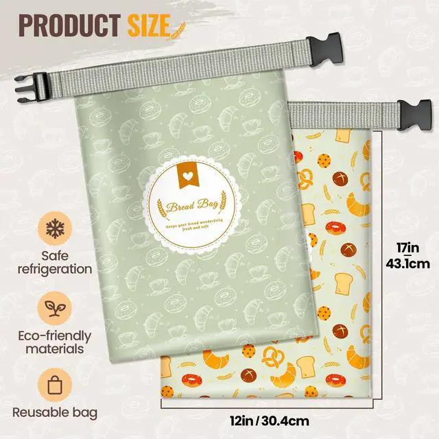 Alt view image 2 of 7 - 2 Pack Bread Bags for Homemade Bread, 17"×13" Reusable Bread Bag for Fresh Keeping with Lining & Zipper, Freezer Safe & BPA Free, Gift Giving (Green & Yellow)