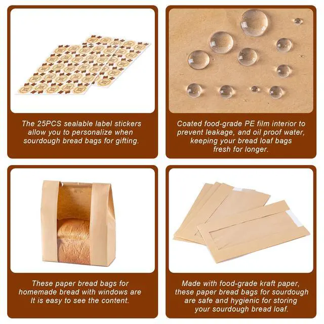 Alt view image 4 of 7 - Paper Bread Bags 25PCS, Sourdough Bread Bags for Homemade Bread, Large Bakery Bags with Window Includes 25PCS Label Seal Stickers for Homemade Bread Storage(13.7x8.3x3.5 inch)