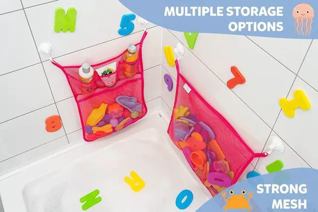 Alt view image 3 of 6 - 2 x Mesh Bath Toy Organizer + 6 Ultra Strong Hooks The Perfect Bathtub Toy Holder & Bathroom or Shower Caddy These Multi-use Net Bags Make Baby Bath Toy Storage Easy For Kids & Toddlers