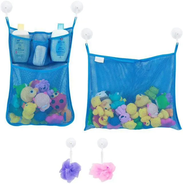 Main image of 2 x Mesh Bath Toy Organizer + 6 Ultra Strong Hooks The Perfect Bathtub Toy Holder & Bathroom or Shower Caddy These Multi-use Net Bags Make Baby Bath Toy Storage Easy For Kids & Toddlers