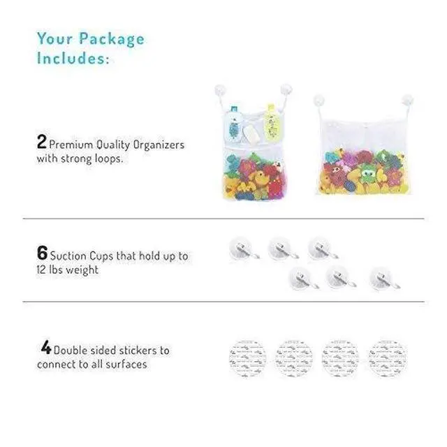 Alt view image 7 of 7 - 2 x Mesh Bath Toy Organizer + 6 Ultra Strong Hooks The Perfect Bathtub Toy Holder & Bathroom or Shower Caddy These Multi-use Net Bags Make Baby Bath Toy Storage Easy For Kids & Toddlers