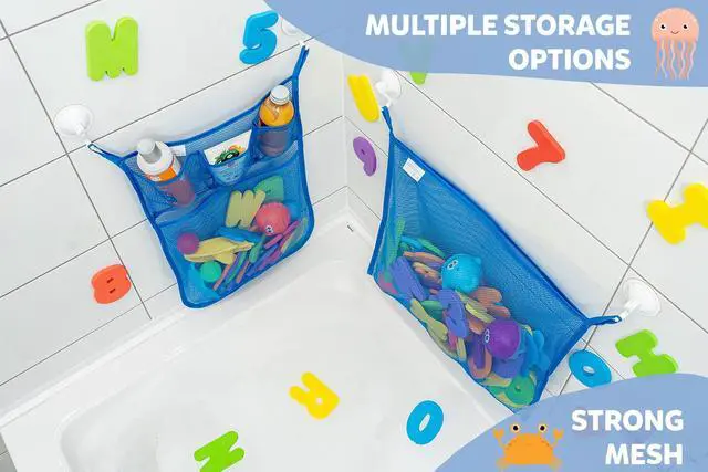 Alt view image 3 of 7 - 2 x Mesh Bath Toy Organizer + 6 Ultra Strong Hooks The Perfect Bathtub Toy Holder & Bathroom or Shower Caddy These Multi-use Net Bags Make Baby Bath Toy Storage Easy For Kids & Toddlers