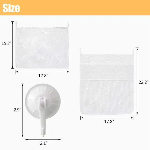 Alt view image 6 of 7 - TTSAM Bath Toy Organizer Mesh Storage Organizer Baby Shower Toys Bathtub Net Bag Kids Quick Dry Bathtub Mesh Net Bathtub Toy Holder 2 X Bathroom Storage Bag & 6 X Strong Suction Hooks (White)