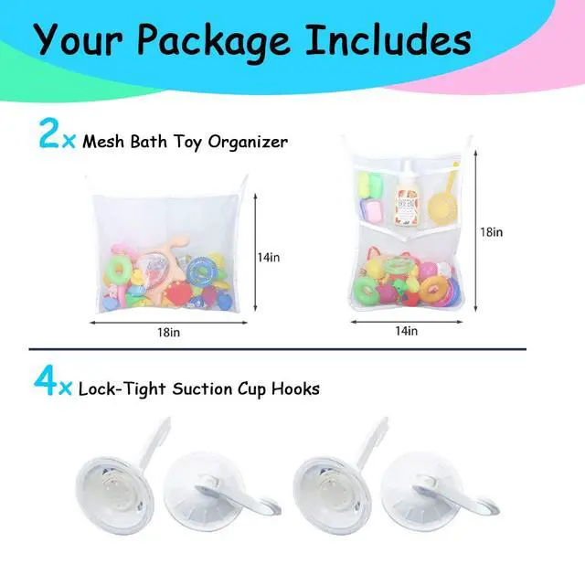 Alt view image 2 of 6 - LEEFONE 2 PCS Mesh Bathtub Toy Holder Bag, 18 x 14 Inch Bath Toy Organizer, 4 Ultra Strong Hooks, White