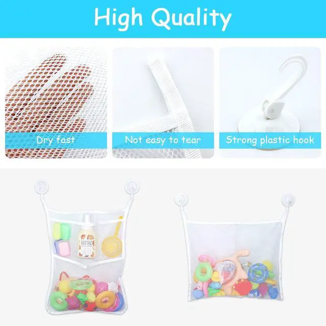 Alt view image 4 of 6 - LEEFONE 2 PCS Mesh Bathtub Toy Holder Bag, 18 x 14 Inch Bath Toy Organizer, 4 Ultra Strong Hooks, White