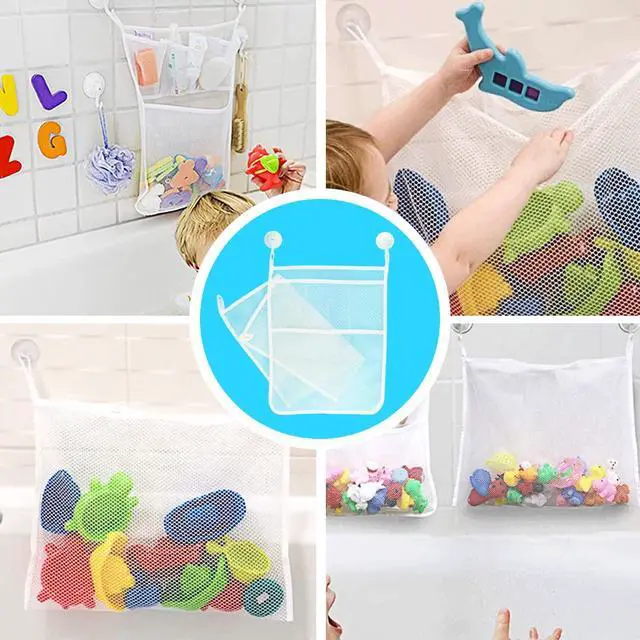 Alt view image 6 of 6 - LEEFONE 2 PCS Mesh Bathtub Toy Holder Bag, 18 x 14 Inch Bath Toy Organizer, 4 Ultra Strong Hooks, White