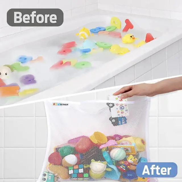 Alt view image 4 of 7 - Bath Toy Net for Tub Large Bath Toy Storage, Mesh Bath Toy Holder for Bathtub, Quick Dry Bathroom Bag for Kids Shower, Hanging Basket Organizer with Strong 6 Suction Cups 4 Adhesive Hooks, 2 Pack