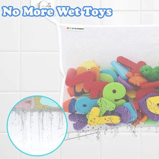 Alt view image 2 of 7 - Bath Toy Net for Tub Large Bath Toy Storage, Mesh Bath Toy Holder for Bathtub, Quick Dry Bathroom Bag for Kids Shower, Hanging Basket Organizer with Strong 6 Suction Cups 4 Adhesive Hooks, 2 Pack