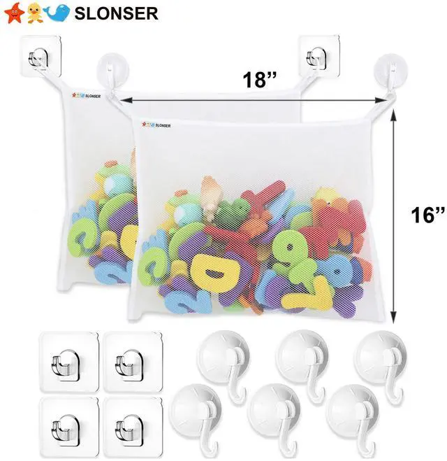 Alt view image 3 of 7 - Bath Toy Net for Tub Large Bath Toy Storage, Mesh Bath Toy Holder for Bathtub, Quick Dry Bathroom Bag for Kids Shower, Hanging Basket Organizer with Strong 6 Suction Cups 4 Adhesive Hooks, 2 Pack