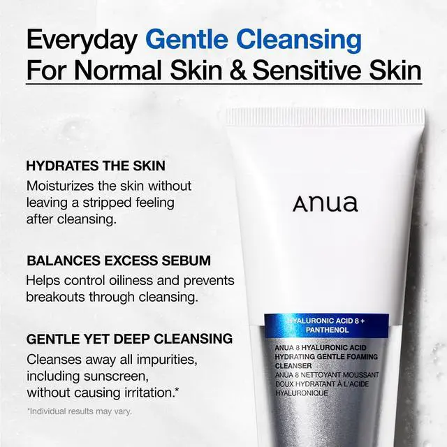 Alt view image 3 of 7 - ANUA Hydrating Gentle Foaming Cleanser, Daily Face Wash for Double Cleansing, Hyaluronic Acid, Zinc, Panthenol, for Dry & Sensitive Skin, Sebum Balance Facial Cleanser, Korean Skincare, 5.07 fl. oz