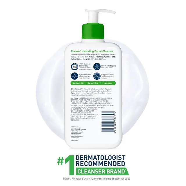 Alt view image 7 of 7 - CeraVe Hydrating Facial Cleanser, Moisturizing Face Wash For Dry Skin, Hyaluronic Acid + Ceramides + Glycerin, Hydrating Cleanser For Normal To Dry Skin, National Eczema Association Certified, 19 Oz