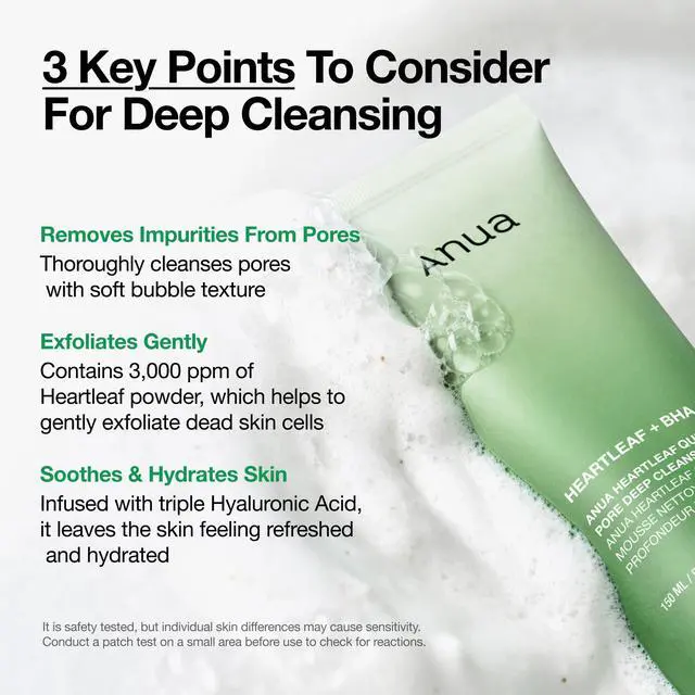 Alt view image 3 of 7 - Anua Heartleaf Quercetinol Pore Deep Cleansing Foam, Face wash for Pore Refining Cleanser, Hydrating Daily Facial Cleanser For Double Cleansing, Gentle Foaming with BHA, Korean Skincare, 5.07 fl.oz.