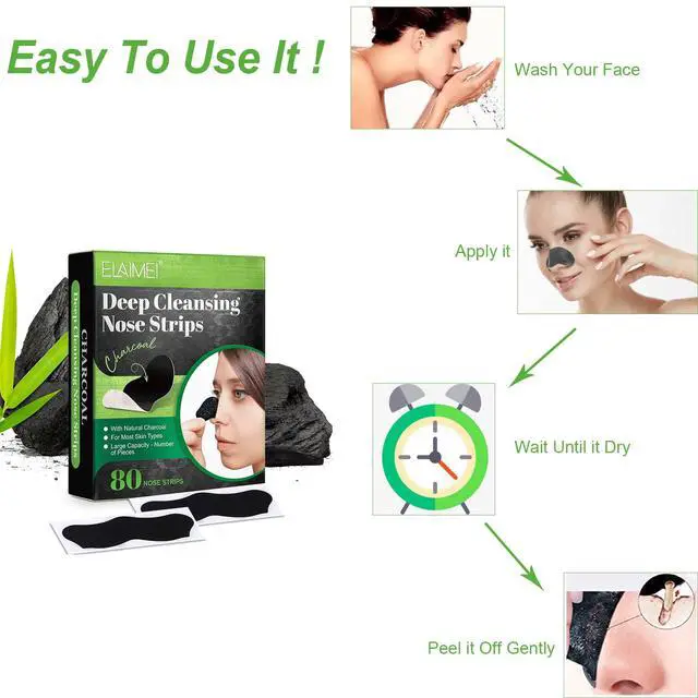 Alt view image 5 of 7 - ELAIMEI Pore Strips, 80 Pcs, Natural Charcoal Blackhead Remover Strips for All Skin Types, Pore Deep Cleansing & Minimizing Nose Strips, Instant Unclogging