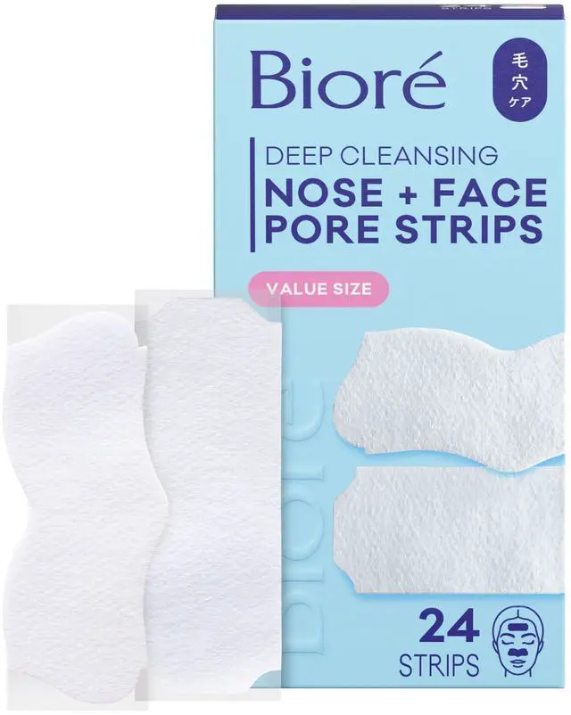 Main image of Bioré Nose+Face Blackhead Remover Strips, Deep Cleansing Strips for Nose, Chin, or Forehead, Instant Blackhead Removal and Pore Unclogging, Oil-free, Non-Comedogenic Use, Value Size 24 Count