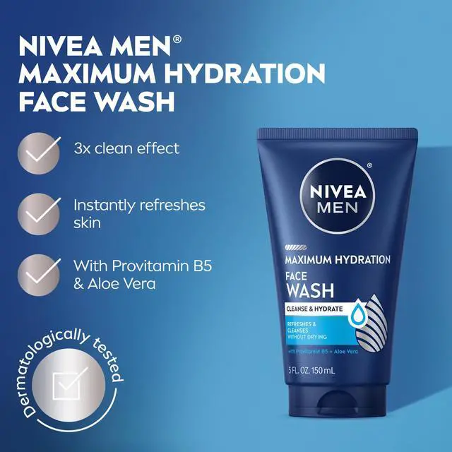 Alt view image 3 of 7 - NIVEA MEN Maximum Hydration Face Wash, Face Wash with Provitamin B5 and Aloe Vera, Refreshes and Cleanses without Drying, 5 Fl Oz Tube