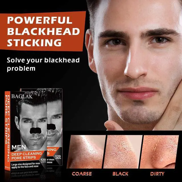 Alt view image 3 of 7 - BAGLAK Men Blackhead Pore Strips - 120 Strips - Deep Cleansing - Face Nose Pores - Blackheads Removal - Large Size For Nose+Face