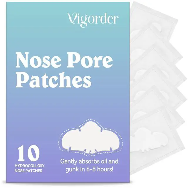 Main image of Vigorder Nose Pore Patches, Hydrocolloid Nose Patches, Targets Pimple, Pores & Oil, Acne Strips to Absorb Acne Gunk Overnight (10 Pack)