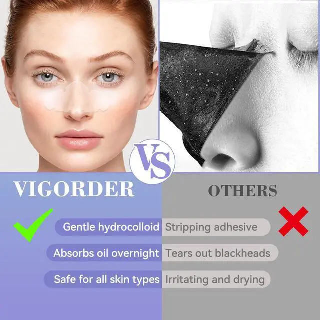 Alt view image 6 of 6 - Vigorder Nose Pore Patches, Hydrocolloid Nose Patches, Targets Pimple, Pores & Oil, Acne Strips to Absorb Acne Gunk Overnight (10 Pack)