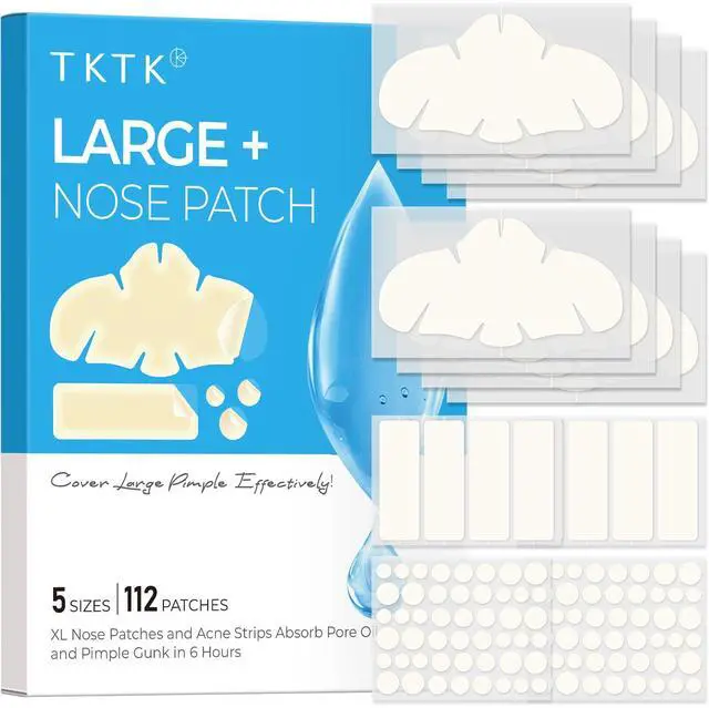 Main image of TKTK Hydrocolloid Nose Patches, XL Nose Pore Strips 91 x 48 mm, Large Hydrocolloid Acne Pimple Patches for Face, Cover Zit Blemishes & Absorb Oil (Nose Contoured, Strip, Dots 5 Sizes 112 Count)