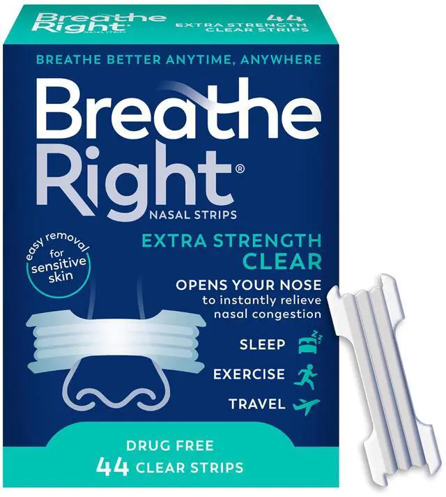 Main image of Breathe Right Nasal Strips | Extra Strength | Clear | for Sensitive Skin I Drug-Free Snoring Solution & Nasal Congestion Relief Caused by Colds & Allergies | 44 Count (Packaging May Vary)