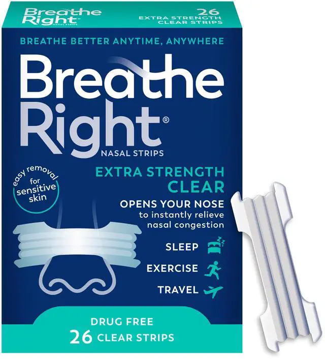 Main image of Breathe Right Nasal Strips | Extra Strength | Clear Nasal Strips | For Sensitive Skin | Help Stop Snoring | Drug-Free Snoring Solution & Nasal Congestion Relief Caused by Colds & Allergies | 26 Count