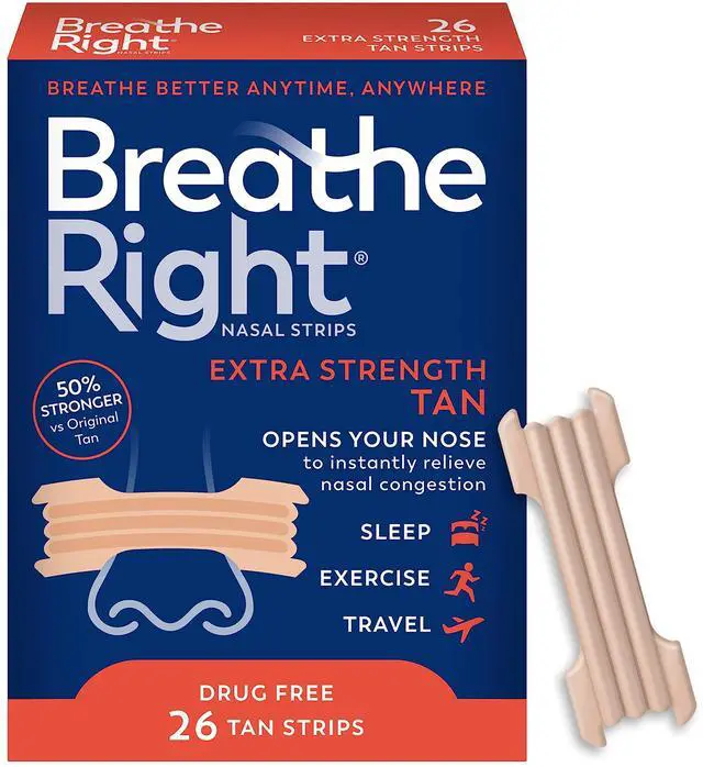 Main image of Breathe Right Nasal Strips, Extra Strength Tan Nose Strips, Drug-Free Nasal Congestion Relief for Better Breathing, Help Relieve Snoring, Caused by Colds & Allergies, Deviated Septum, 26ct