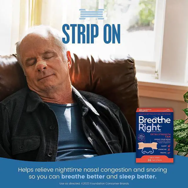 Alt view image 2 of 7 - Breathe Right Nasal Strips, Extra Strength Tan Nose Strips, Drug-Free Nasal Congestion Relief for Better Breathing, Help Relieve Snoring, Caused by Colds & Allergies, Deviated Septum, 26ct