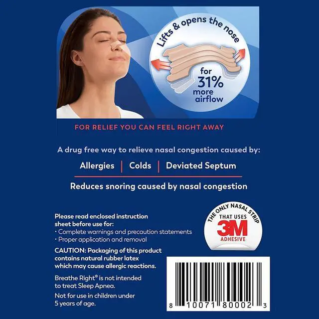 Alt view image 6 of 7 - Breathe Right Nasal Strips, Extra Strength Tan Nose Strips, Drug-Free Nasal Congestion Relief for Better Breathing, Help Relieve Snoring, Caused by Colds & Allergies, Deviated Septum, 26ct