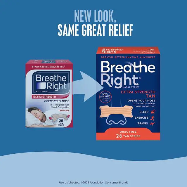 Alt view image 7 of 7 - Breathe Right Nasal Strips, Extra Strength Tan Nose Strips, Drug-Free Nasal Congestion Relief for Better Breathing, Help Relieve Snoring, Caused by Colds & Allergies, Deviated Septum, 26ct