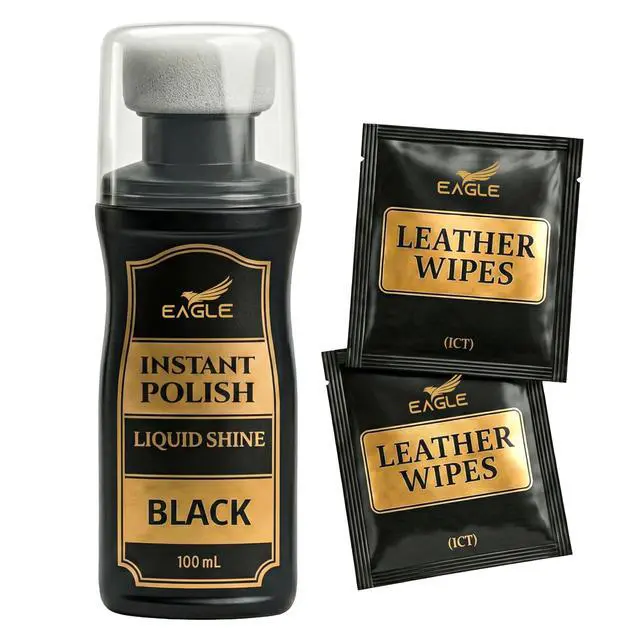 Main image of Eagle Black Liquid Shoe Polish for Shoes & Boots - Instant Shine Leather Polish with Built-In Sponge Applicator & 2 Cleaning Wipes | Cleans, Conditions & Restores Shine in Seconds