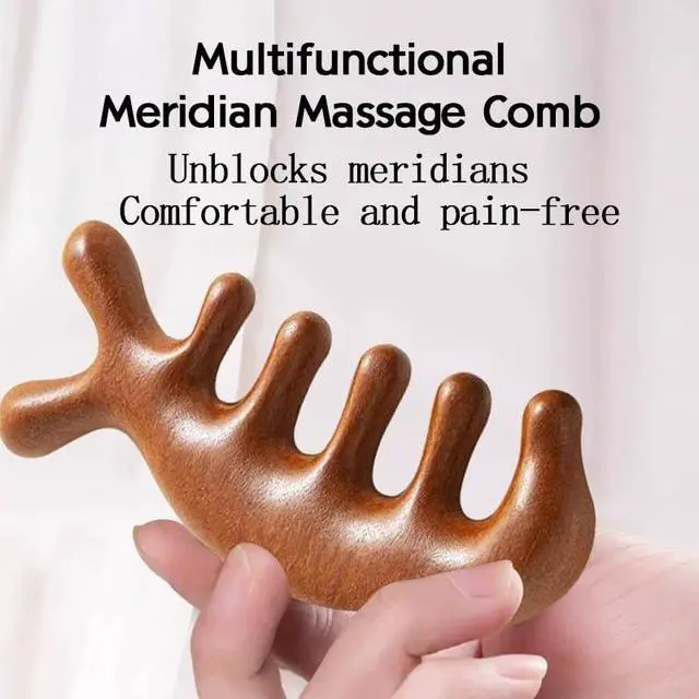 Alt view image 2 of 6 - glotao Gua Sha Wood Massage Tool - Natural Sandalwood Scalp Massager Comb for Head Neck Shoulder, 7-Prong Ergonomic Handheld Design, Brown