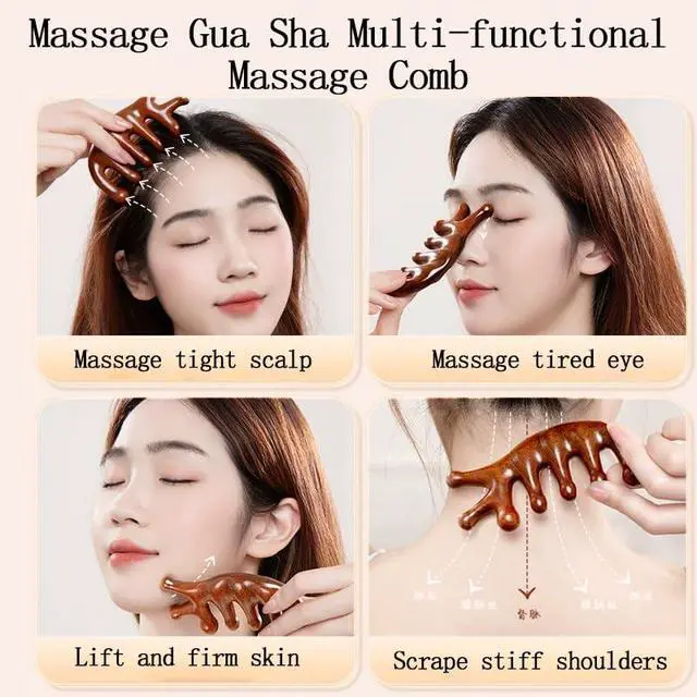 Alt view image 3 of 6 - glotao Gua Sha Wood Massage Tool - Natural Sandalwood Scalp Massager Comb for Head Neck Shoulder, 7-Prong Ergonomic Handheld Design, Brown