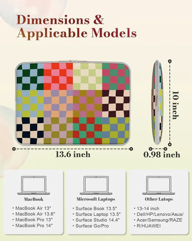 Alt view image 2 of 7 - iCasso Laptop Sleeve 13 inch for MacBook Air 13-13.6 inch, Cute Laptop case for MacBook Neo/Pro 13 inch, Slim Protective Travel Carrying Case Sleeve for 14 inch Chromebook, HP, Dell, Checker