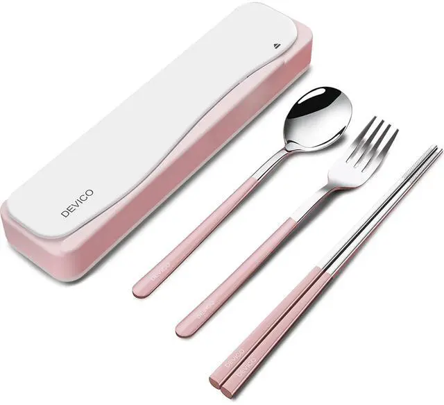 Main image of DEVICO Travel Utensils, 18/8 Stainless Steel 4pcs Cutlery Set Portable Camp Reusable Flatware Silverware, Include Fork Spoon Chopsticks with Case (Pink)