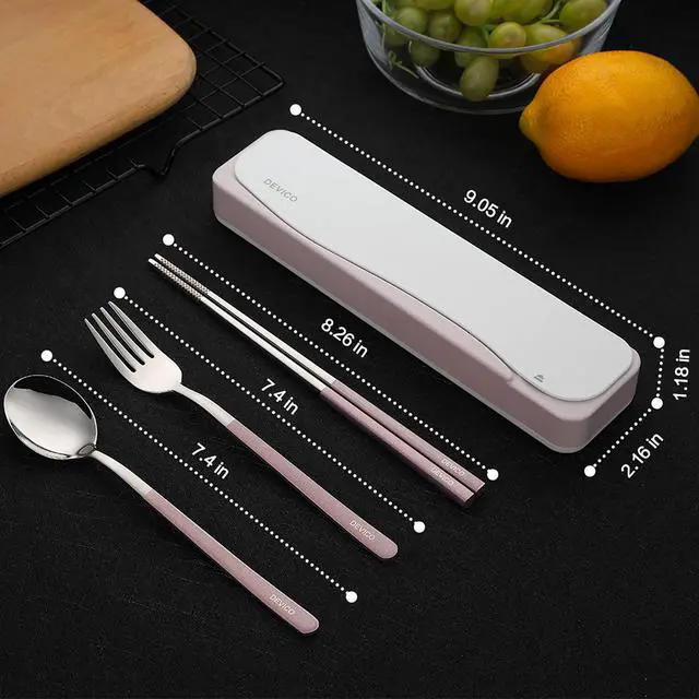 Alt view image 3 of 7 - DEVICO Travel Utensils, 18/8 Stainless Steel 4pcs Cutlery Set Portable Camp Reusable Flatware Silverware, Include Fork Spoon Chopsticks with Case (Pink)