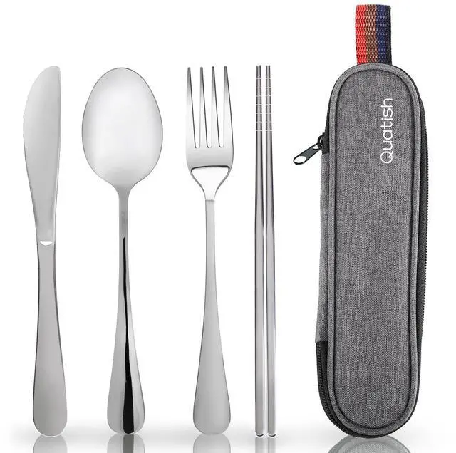 Main image of Travel Utensils with Case, Quatish Portable Silverware Set for Work, Stainless Steel Reusable Travel Cutlery, Fork and Spoon Set for Camping, Picnic, Gadgets, Lunch Box for Men, Christmas Gift, Silver