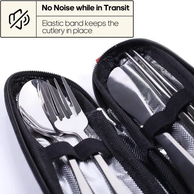 Alt view image 3 of 7 - Travel Utensils with Case, Quatish Portable Silverware Set for Work, Stainless Steel Reusable Travel Cutlery, Fork and Spoon Set for Camping, Picnic, Gadgets, Lunch Box for Men, Christmas Gift, Silver