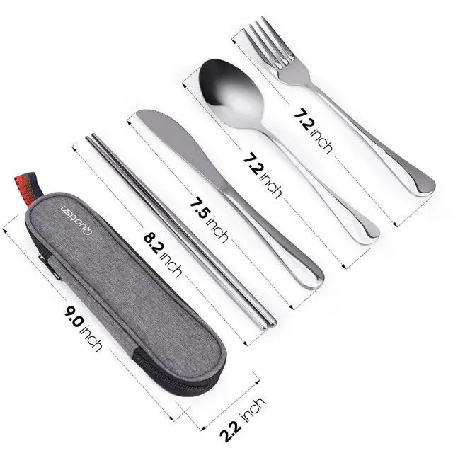 Alt view image 7 of 7 - Travel Utensils with Case, Quatish Portable Silverware Set for Work, Stainless Steel Reusable Travel Cutlery, Fork and Spoon Set for Camping, Picnic, Gadgets, Lunch Box for Men, Christmas Gift, Silver