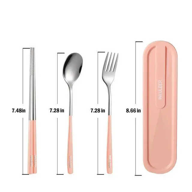 Alt view image 3 of 7 - iNKULEER Travel cutlery set, 18/8 stainless steel cutlery, Reusable utensils set with case, Portable Silverware Lunch Box for Camping and Office (Pink)