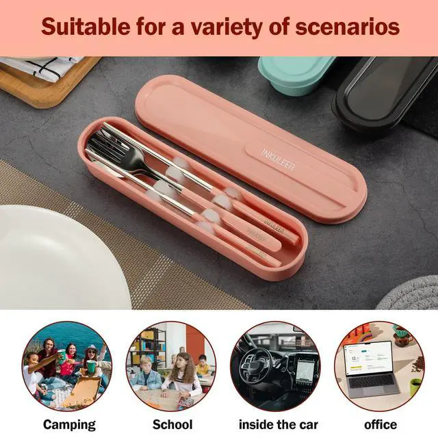 Alt view image 4 of 7 - iNKULEER Travel cutlery set, 18/8 stainless steel cutlery, Reusable utensils set with case, Portable Silverware Lunch Box for Camping and Office (Pink)