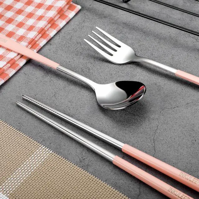 Alt view image 6 of 7 - iNKULEER Travel cutlery set, 18/8 stainless steel cutlery, Reusable utensils set with case, Portable Silverware Lunch Box for Camping and Office (Pink)