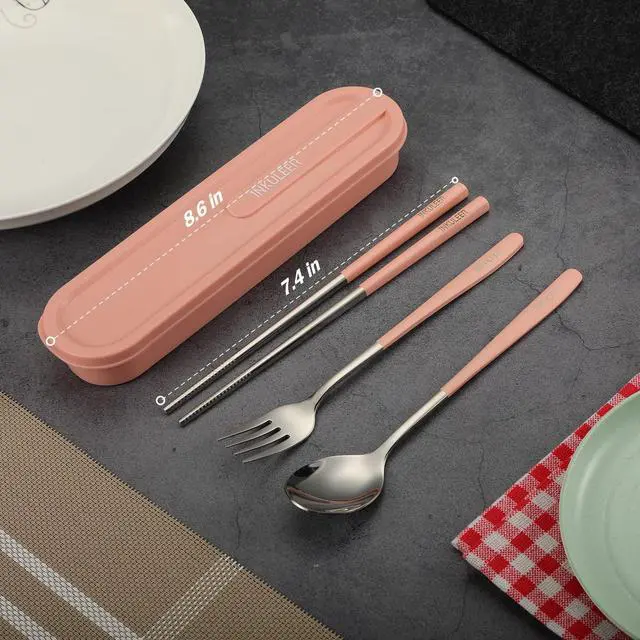 Alt view image 7 of 7 - iNKULEER Travel cutlery set, 18/8 stainless steel cutlery, Reusable utensils set with case, Portable Silverware Lunch Box for Camping and Office (Pink)