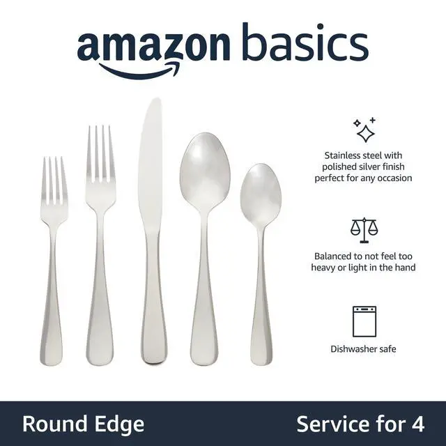 Alt view image 2 of 5 - Silverware Set, Stainless Steel Flatware, Dishwasher Safe, Service for 4, 20-Piece Forks and Spoons, Round Edge, Everyday Use