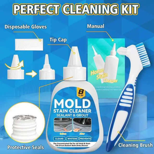 Alt view image 6 of 7 - Mold Stain Cleaner Gel, 8 Fl Oz Washing Machine Cleaner with Brush, Mold Cleaner Gel for Front Loader Washing Machine Seal, Bathroom Grout, Kitchen Sink, Shower, Refrigerator Strip