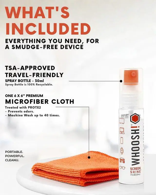 Alt view image 2 of 7 - WHOOSH! Screen Shine Go - 1 fl oz Refillable Screen Cleaner Kit with Microfiber Cloth for MacBook, Phone, iPad & Eyeglasses - Powerful Streak-Free Cleaning - Pocket-Sized, TSA-Approved for Travel