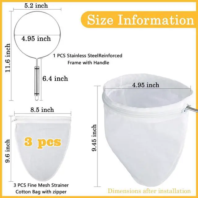 Alt view image 2 of 7 - WMKGG Ultra Fine Mesh Strainer Bags,Cheese Cloth Bag for Straining, with Stainless Steel Handle Frame for Juices,Nut Milk,Fresh Cheese,Yogurt (Small Size)(4.95"Wx9.6"D)