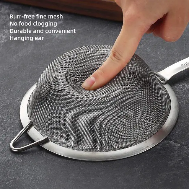 Alt view image 3 of 6 - AOWOTO 3.35inch 304 Stainless Steel Fine Mesh Strainers for Kitchen, Colander-Skimmer with Handle, Metal Sieve Sifters for Food, Rice, Oil, Noodles, Fruits, Vegetable, Tea Strainer